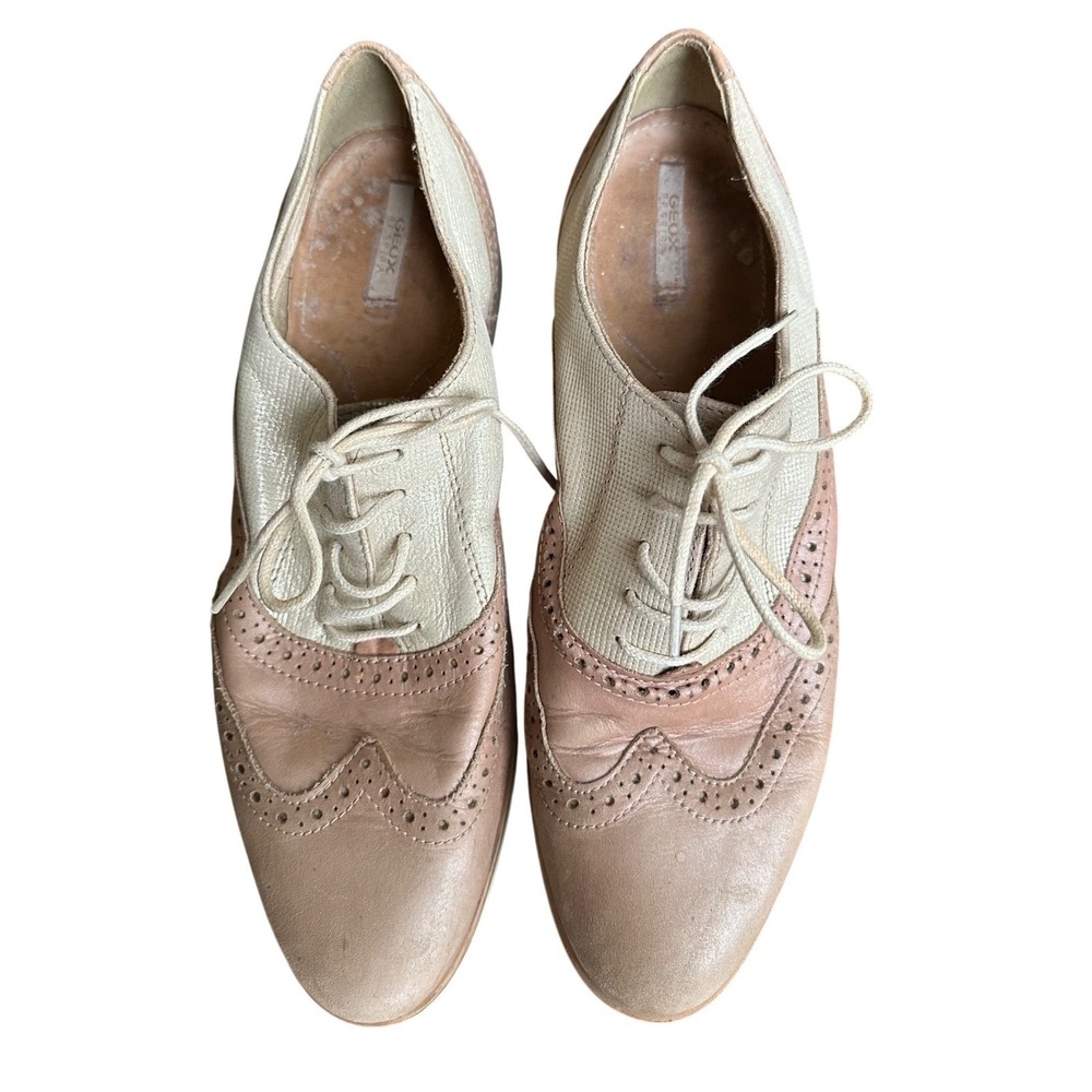 Geox Respira Womens Leather Wingtip Oxfords Tan Cream Brogue Lace Up Shoes